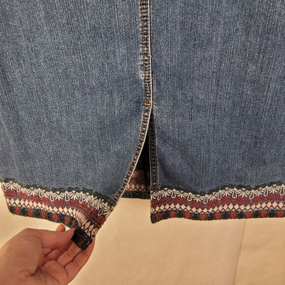 Christopher and Banks embroidered denim midi skirt Size 12 back slit Y2K Boho - Picture 7 of 10